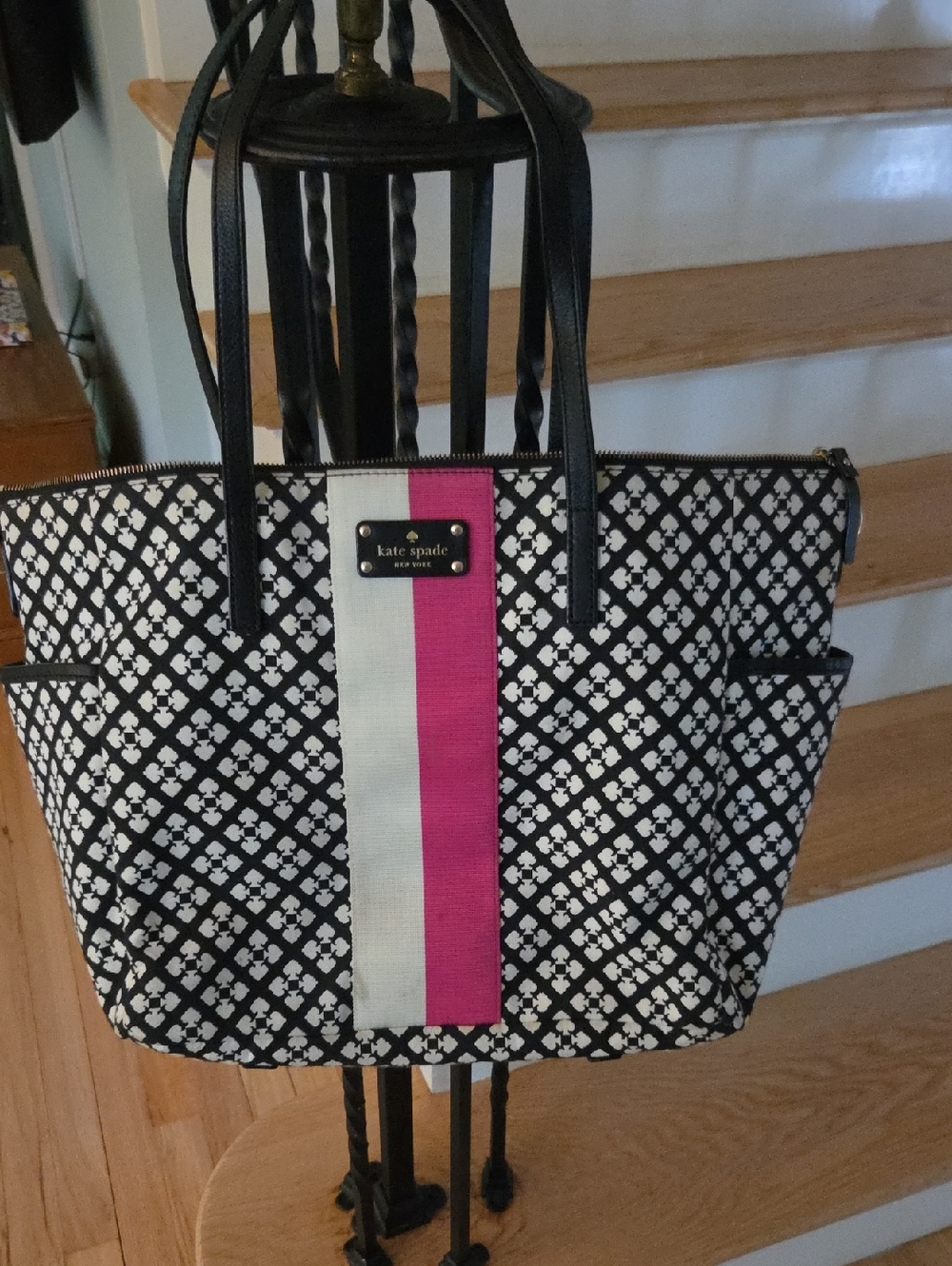 kate spade Black & White Geometric Tote with Pink Stripe